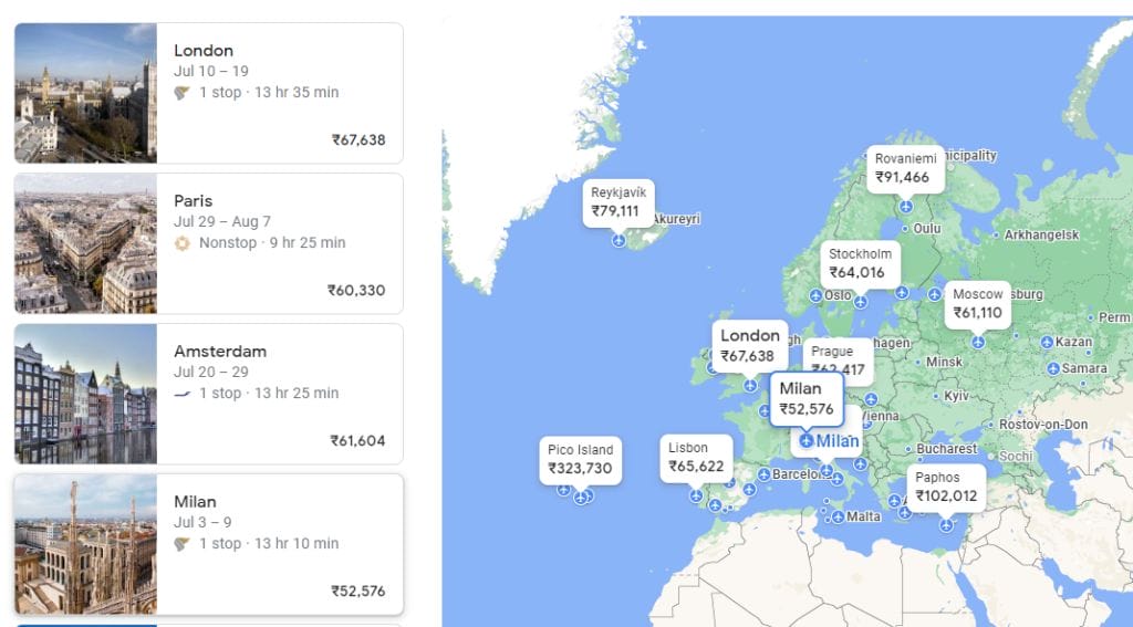 Google Flights Result for Continent From India