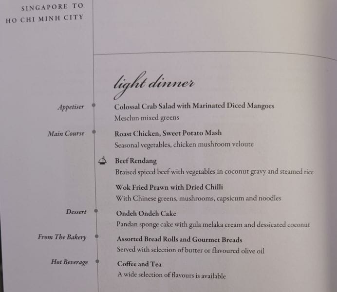 Singapore Airlines A350 SIN-SGN Menu